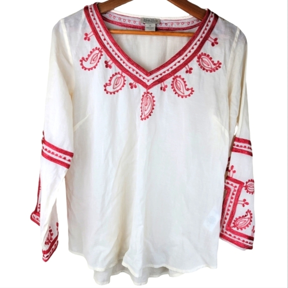 LUCKY BRAND TOPANGA DAYS BOHO White‎ and Red Embroidered Pesant Tunic/Top/Blouse - Picture 5 of 11
